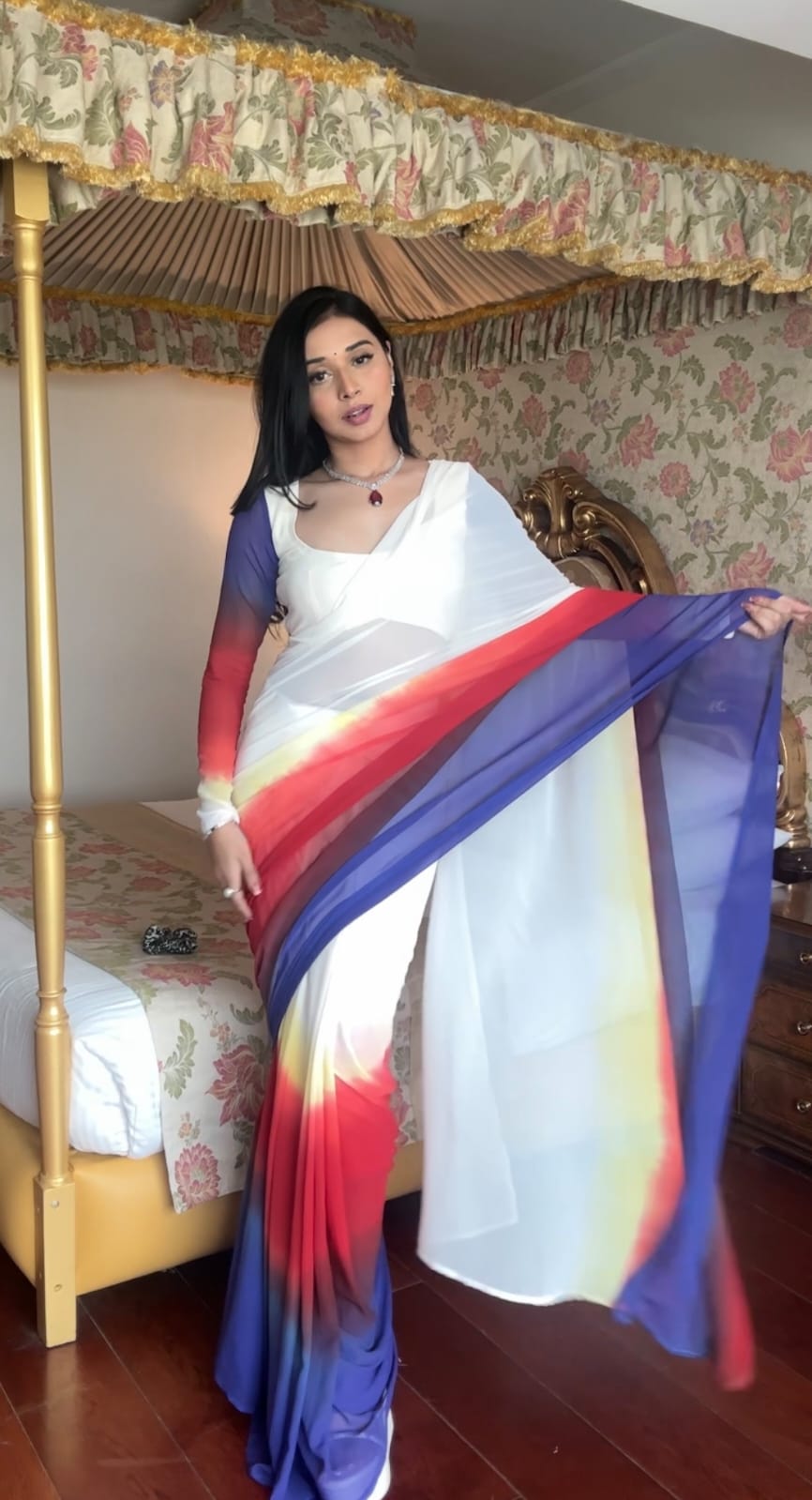 White With Multi Color Ready To Wear Saree