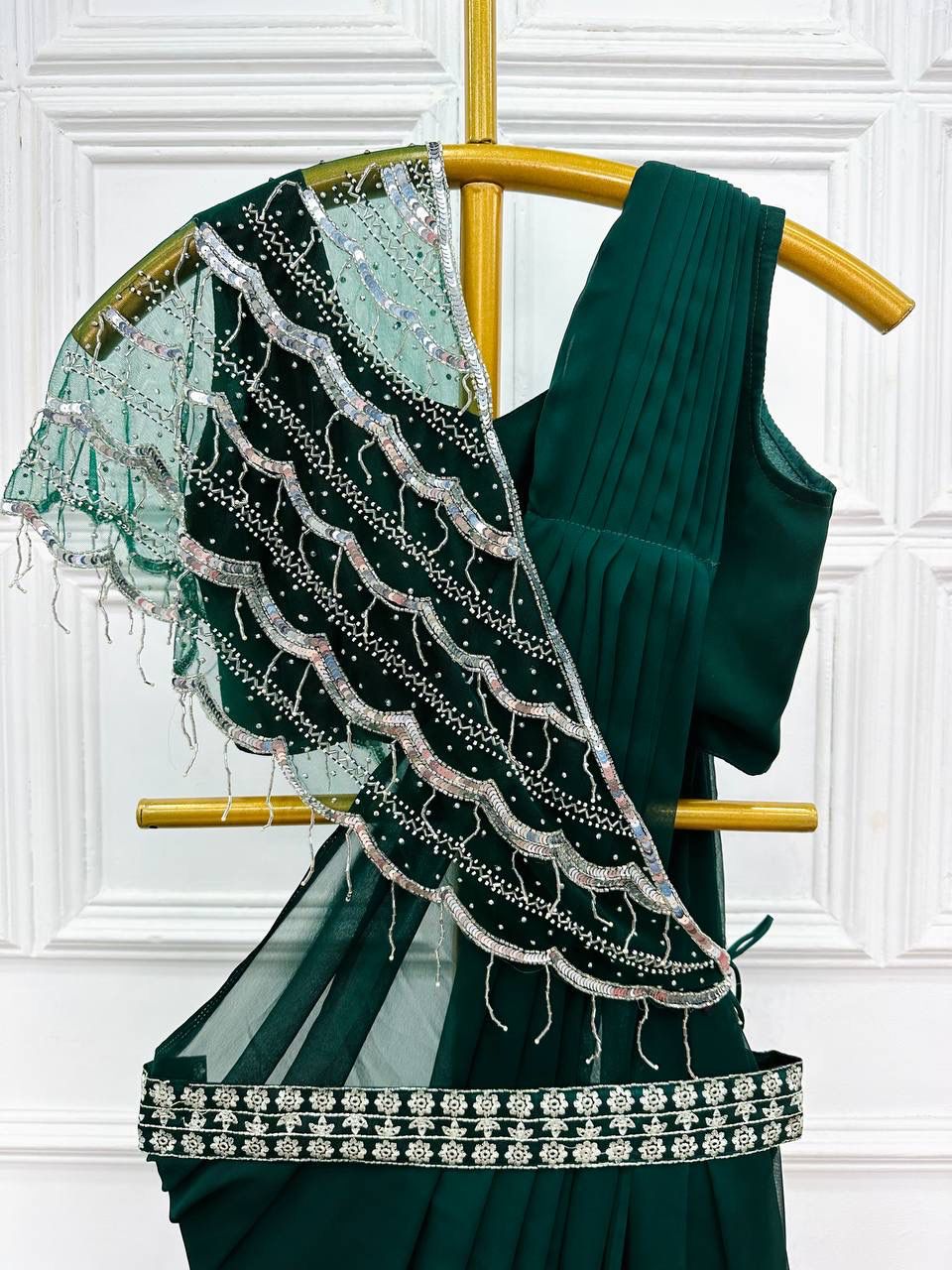 Ready To Wear Dark Green Saree With Shrug