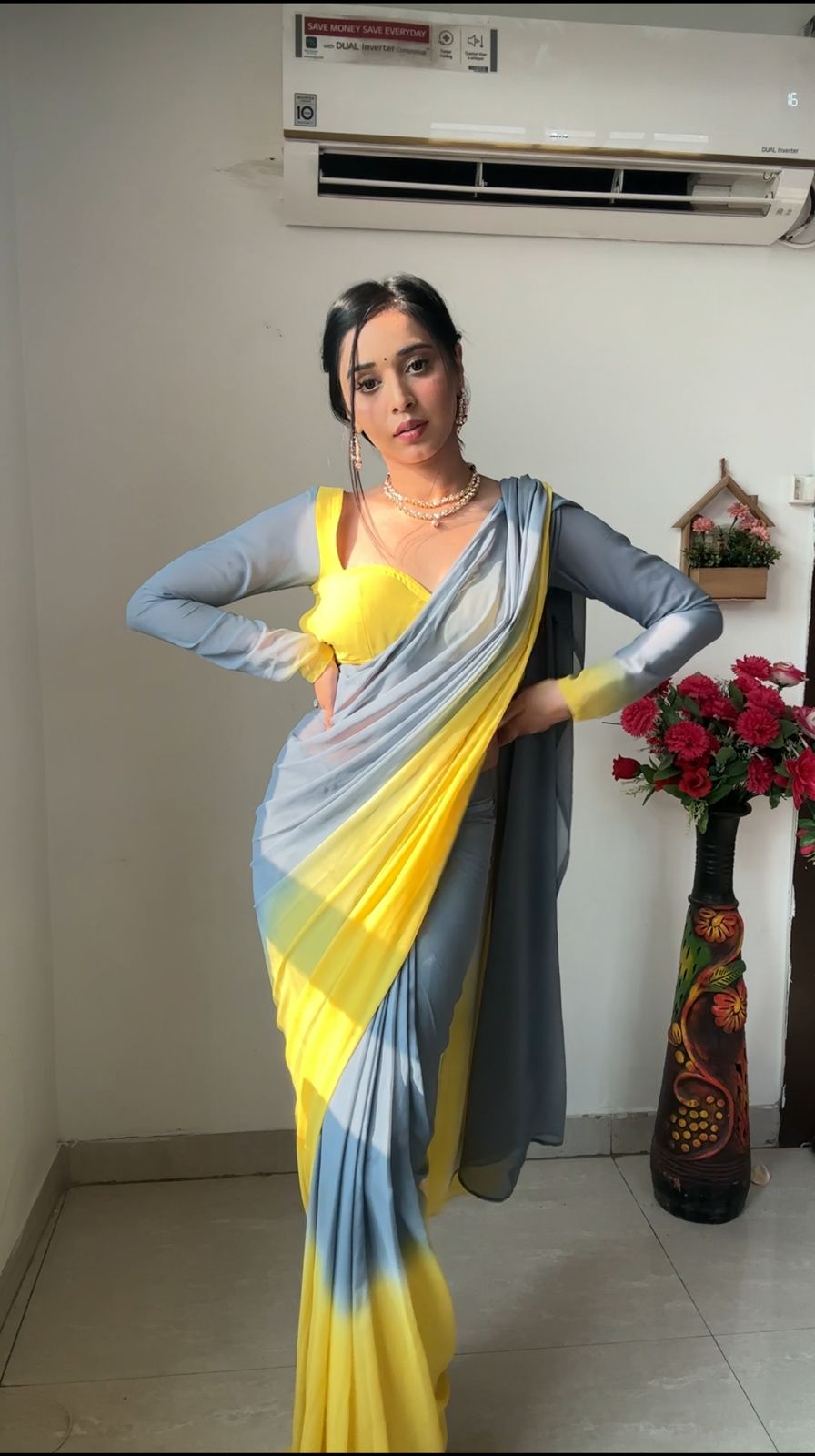 Yellow And Gray Double Shade Ready To Wear Saree