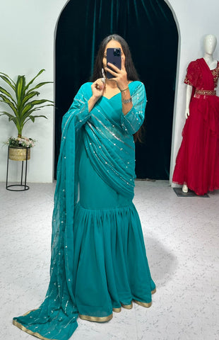 Fashionable Aqua Blue Color Lehenga Saree