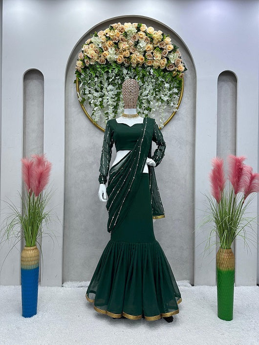 Ready To Wear Beautiful Work Green Color Lehenga Saree