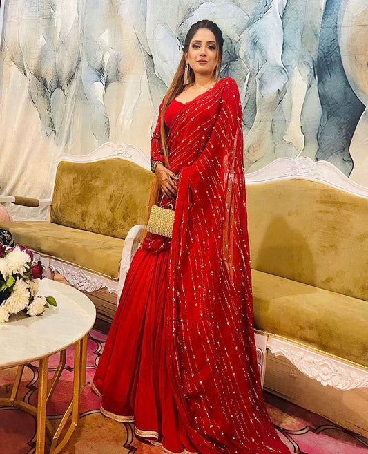 Ready To Wear Beautiful Work Red Color Lehenga Saree