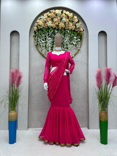 Ready To Wear Beautiful Work Pink Color Lehenga Saree