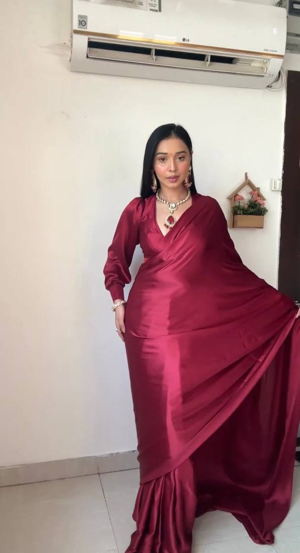 Ready To Wear Maroon Color Plain Satin Silk Saree