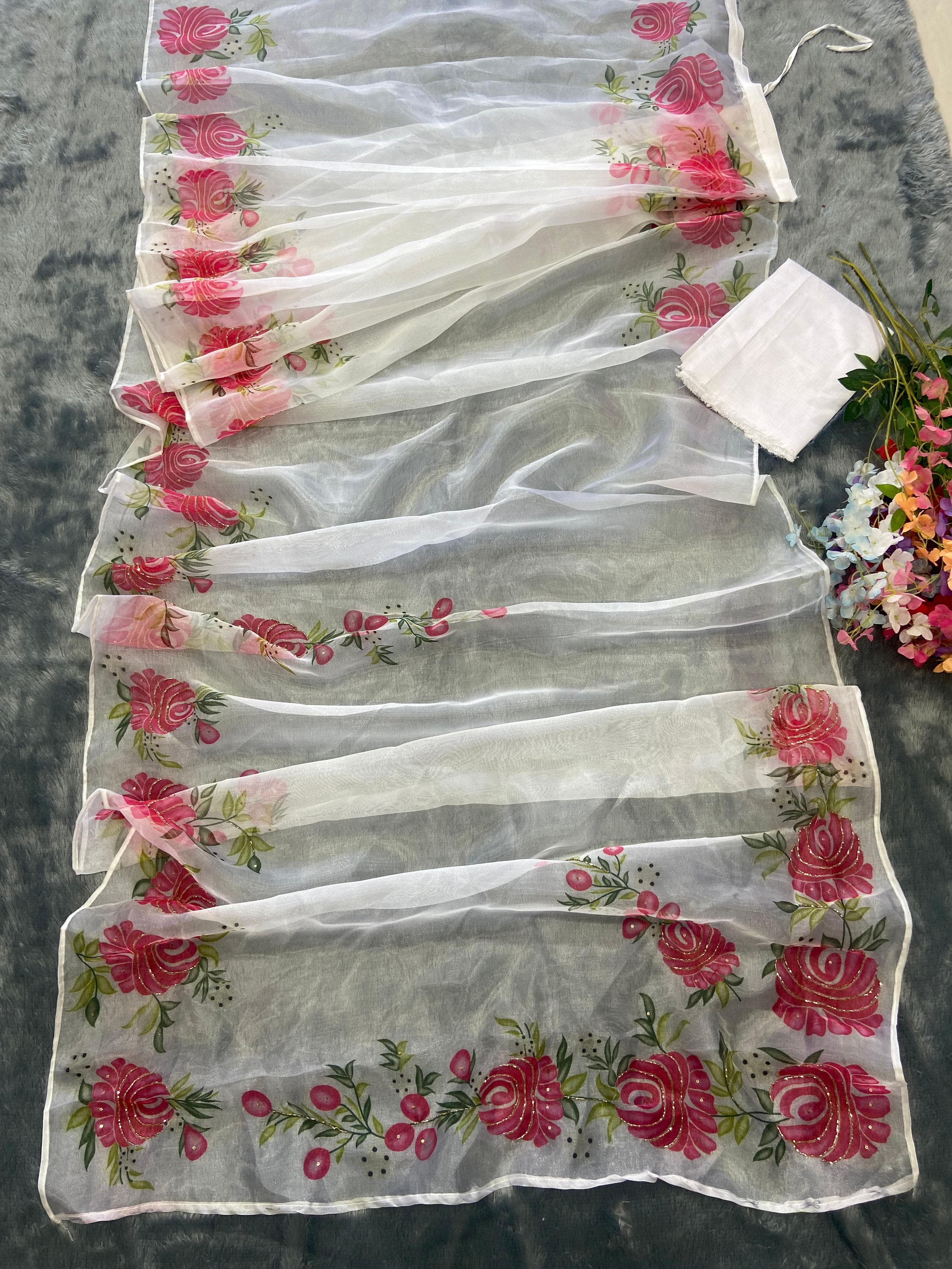 Ready To Wear Digital Printed White Color Saree