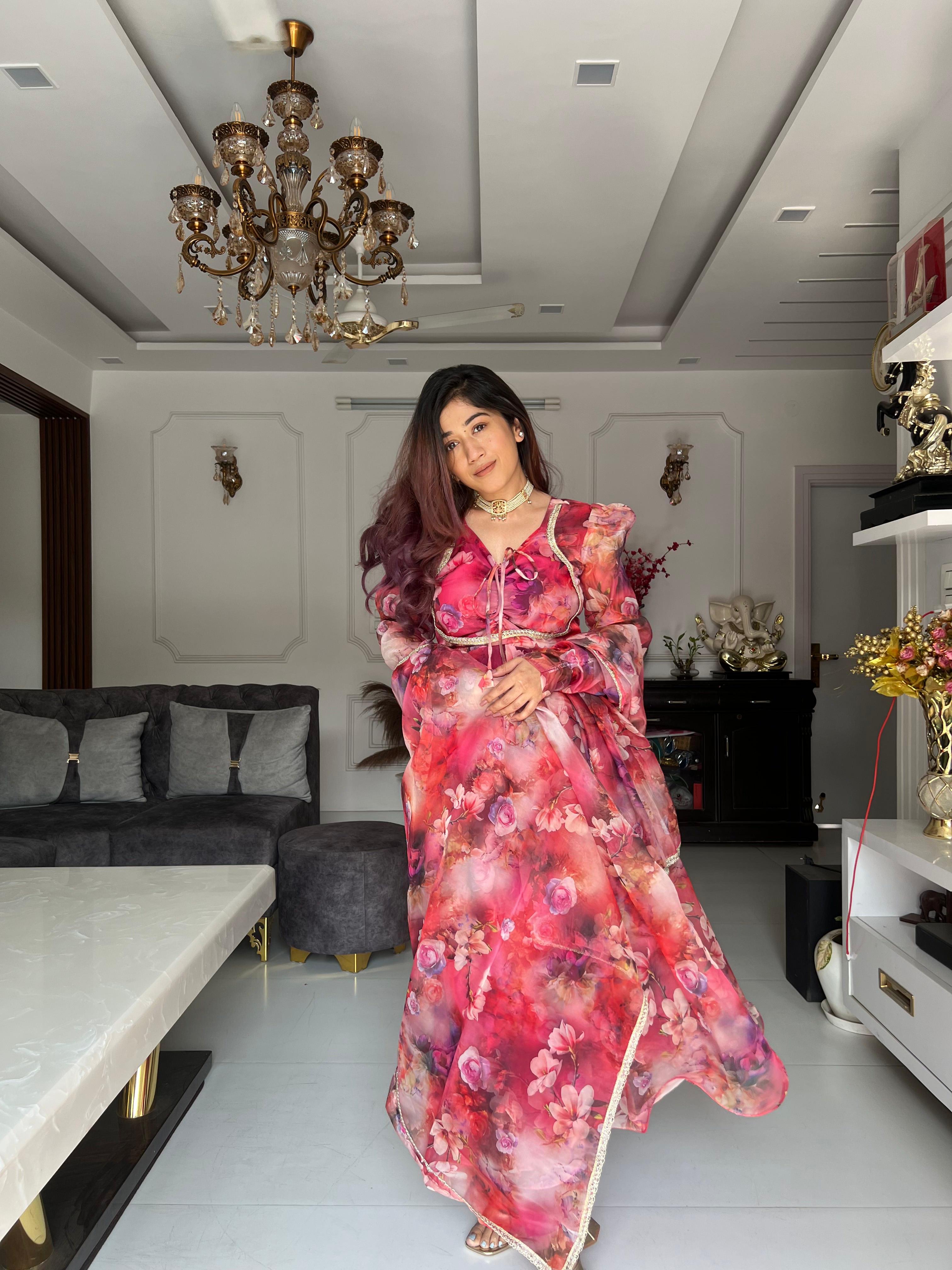 Flower Digital Printed Maroon Color Organza Gown