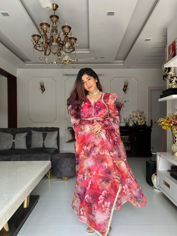 Flower Digital Printed Maroon Color Organza Gown