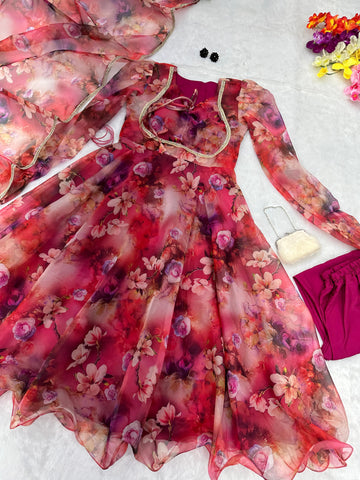 Flower Digital Printed Maroon Color Organza Gown