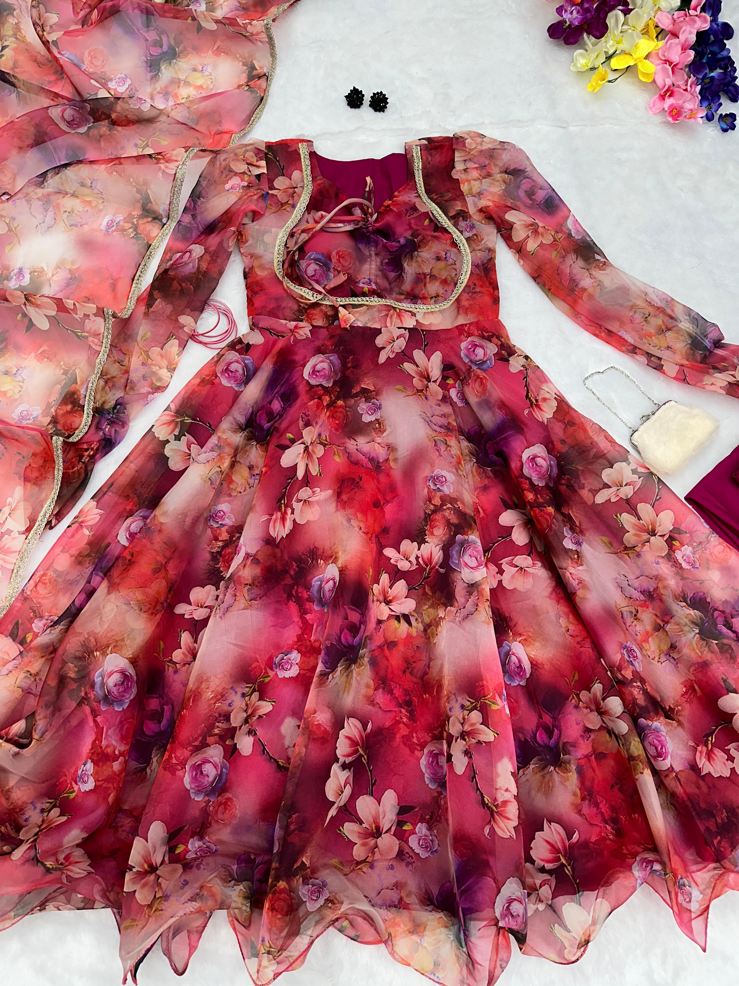 Flower Digital Printed Maroon Color Organza Gown