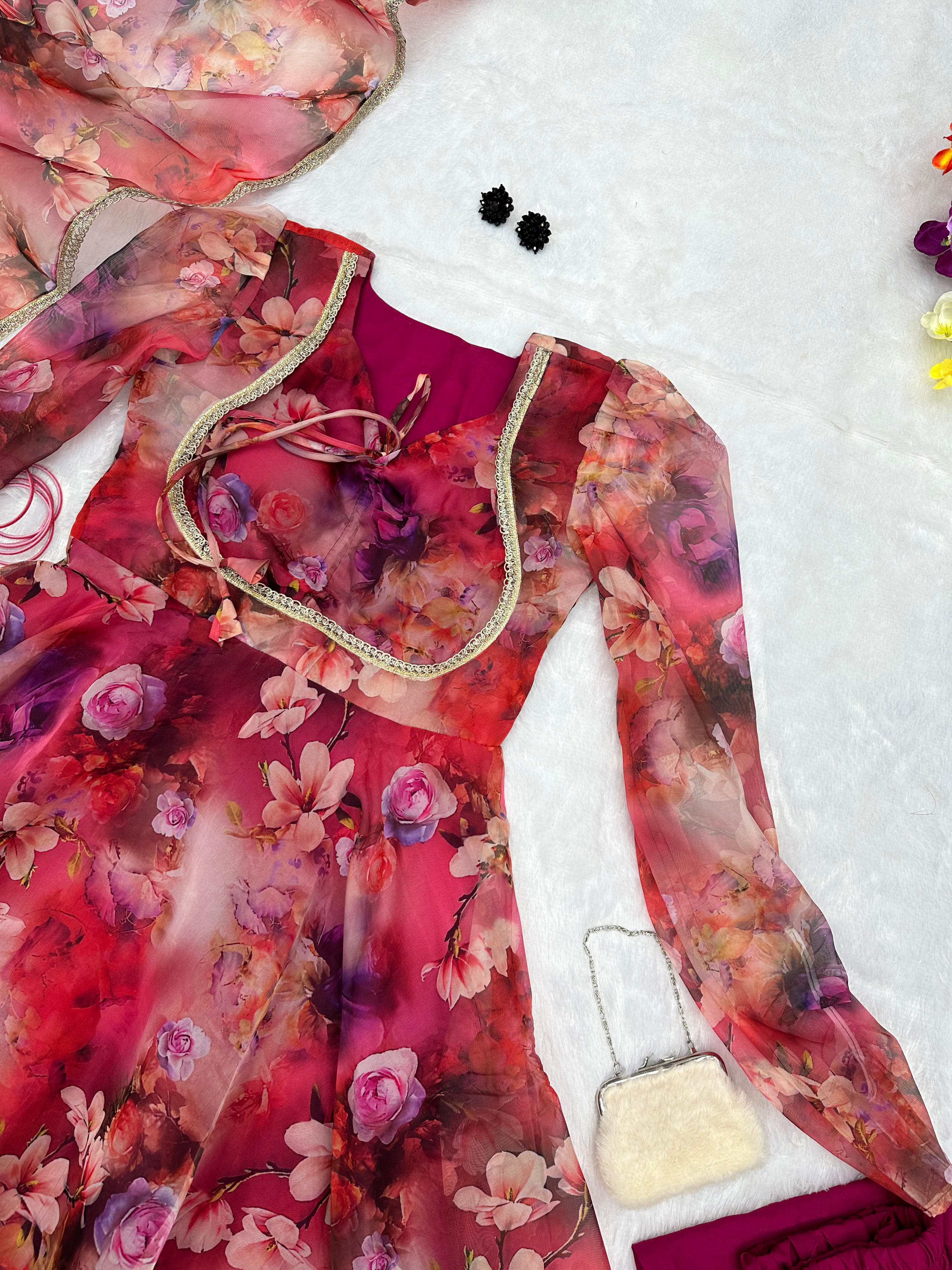 Flower Digital Printed Maroon Color Organza Gown