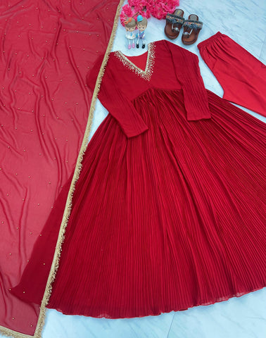 Plated Red Color Innovative Alia Cut Gown