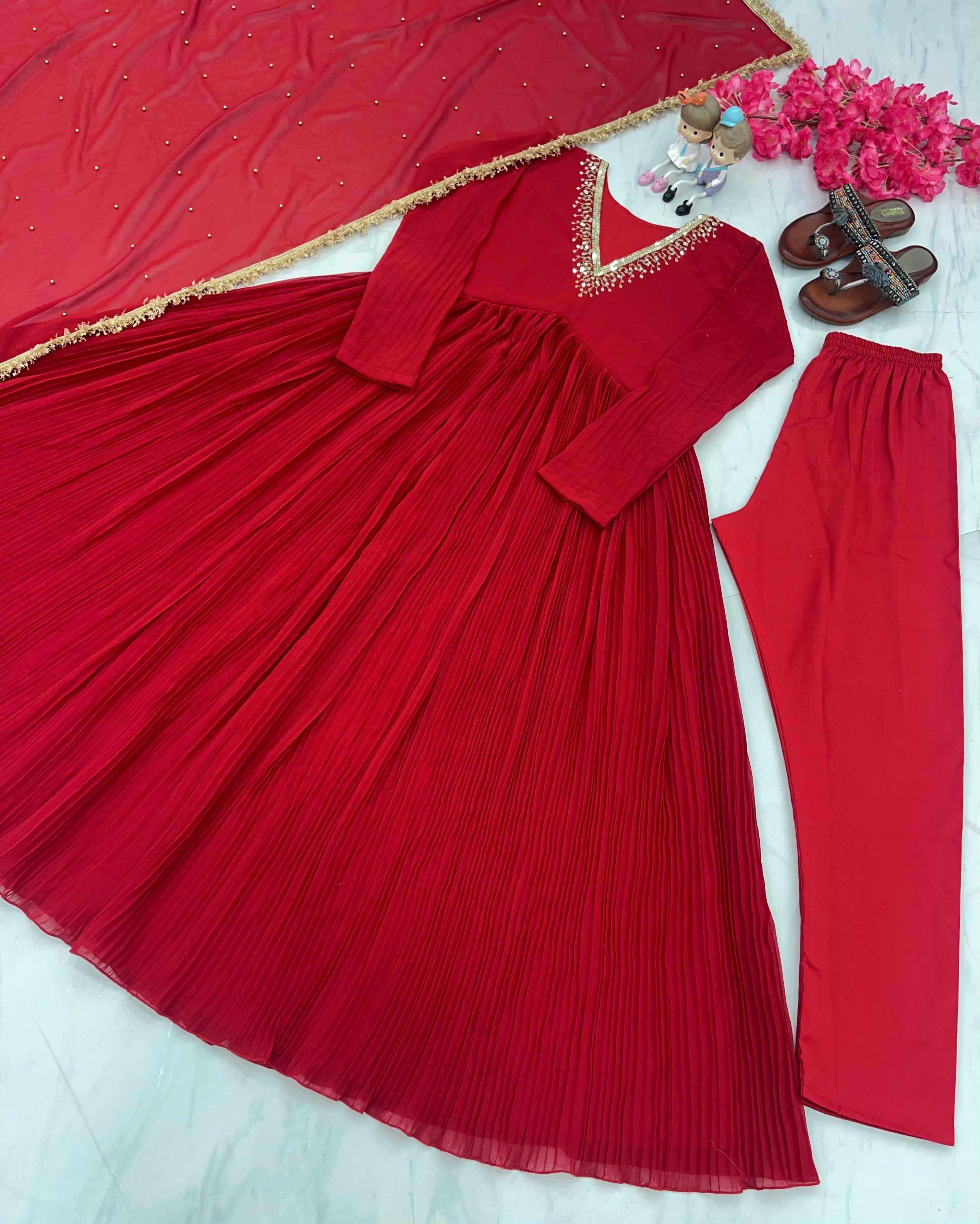Plated Red Color Innovative Alia Cut Gown