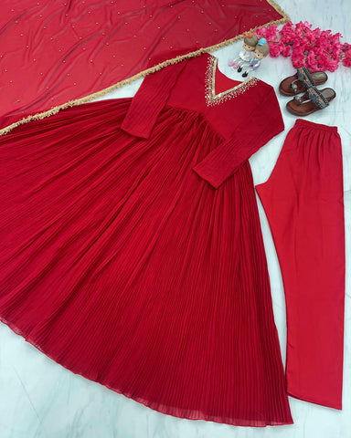 Plated Red Color Innovative Alia Cut Gown