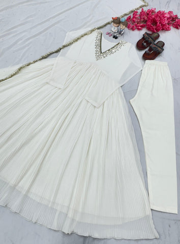 Plated White Color Innovative Alia Cut Gown