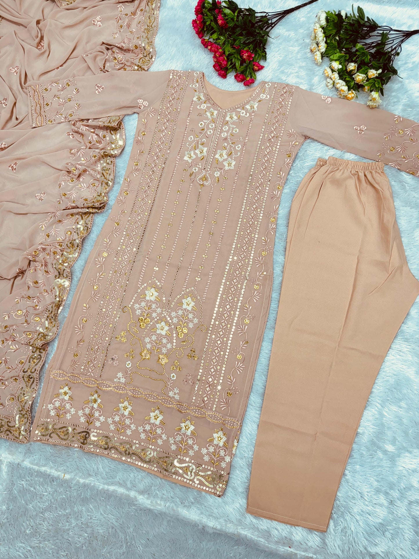 Pretty Thread Work Dark Peach Color Salwar Suit
