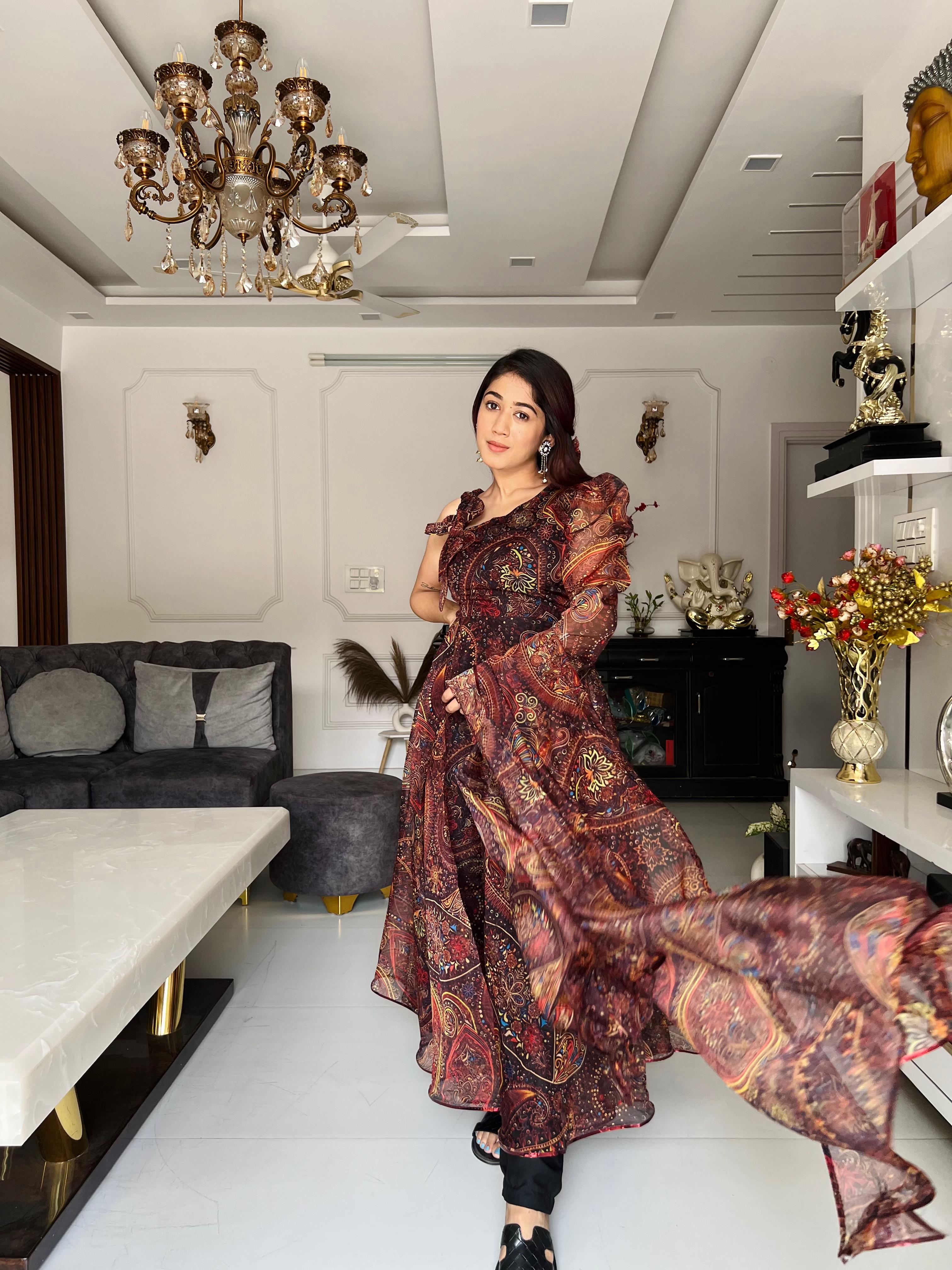 Wonderful Brown Color Organza Silk Anarkali Suit