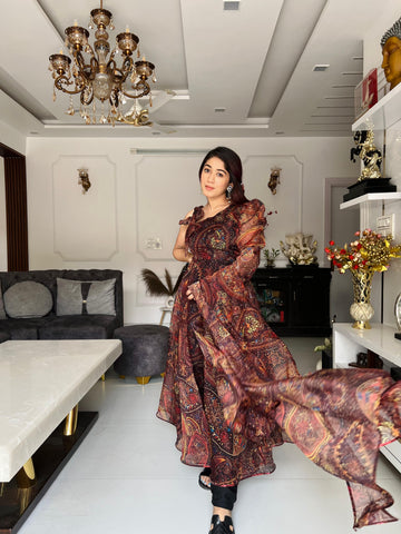 Wonderful Brown Color Organza Silk Anarkali Suit