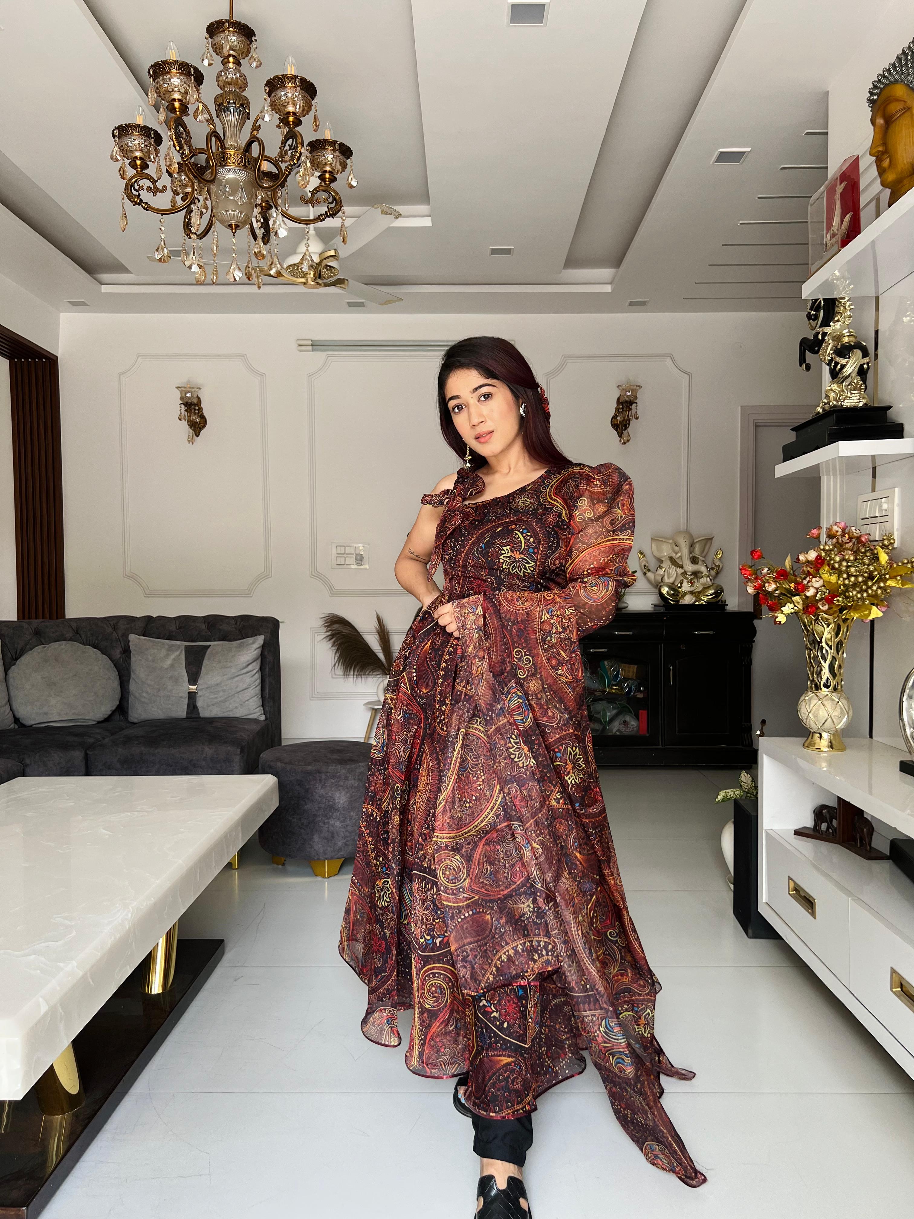Wonderful Brown Color Organza Silk Anarkali Suit