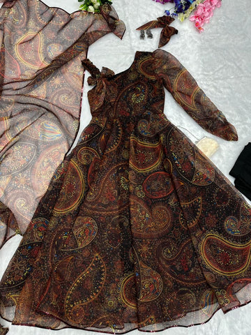 Wonderful Brown Color Organza Silk Anarkali Suit