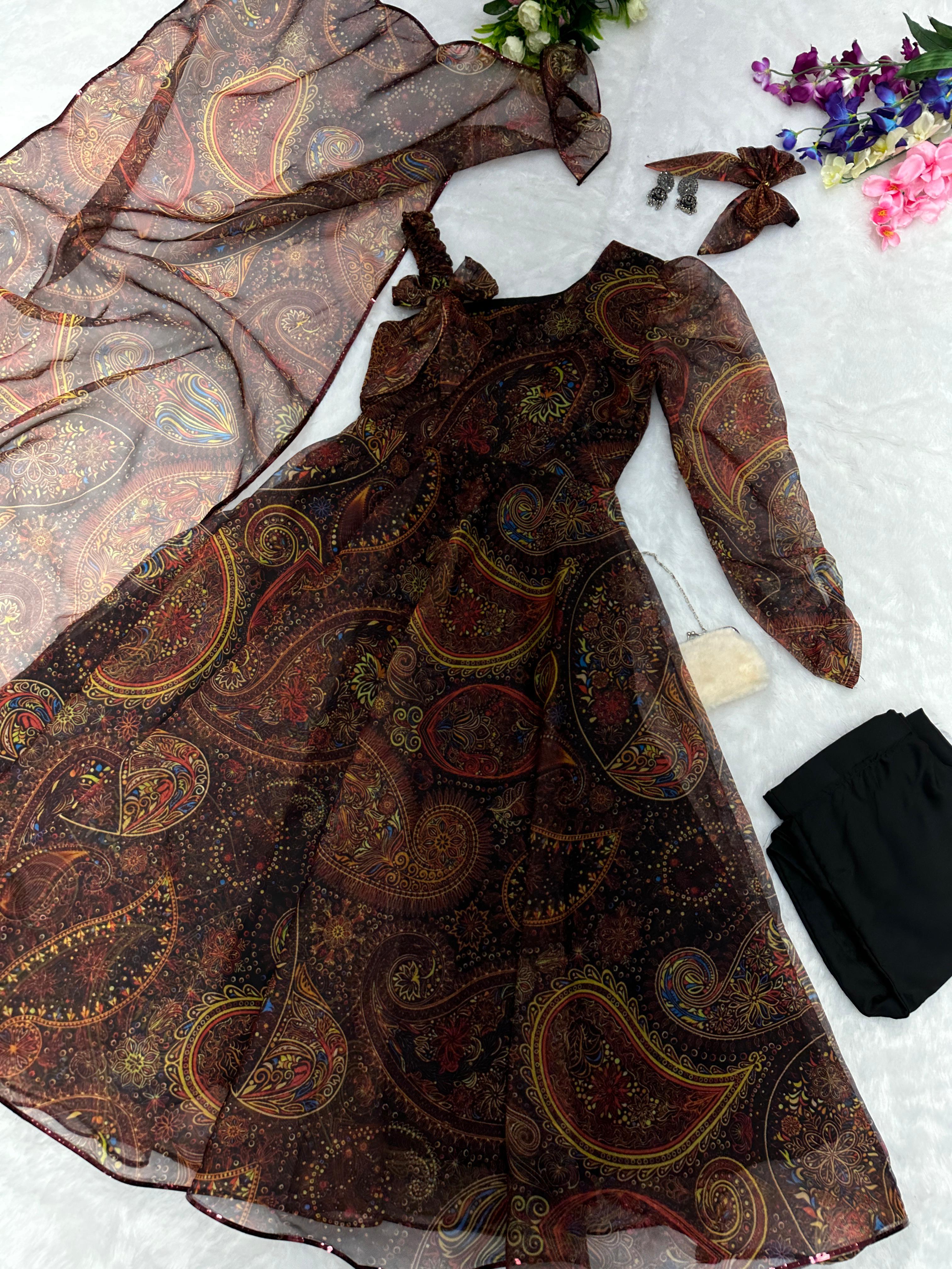 Wonderful Brown Color Organza Silk Anarkali Suit