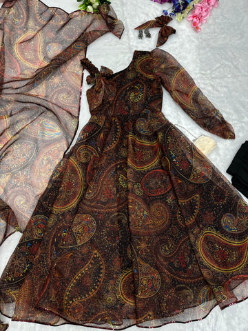 Wonderful Brown Color Organza Silk Anarkali Suit