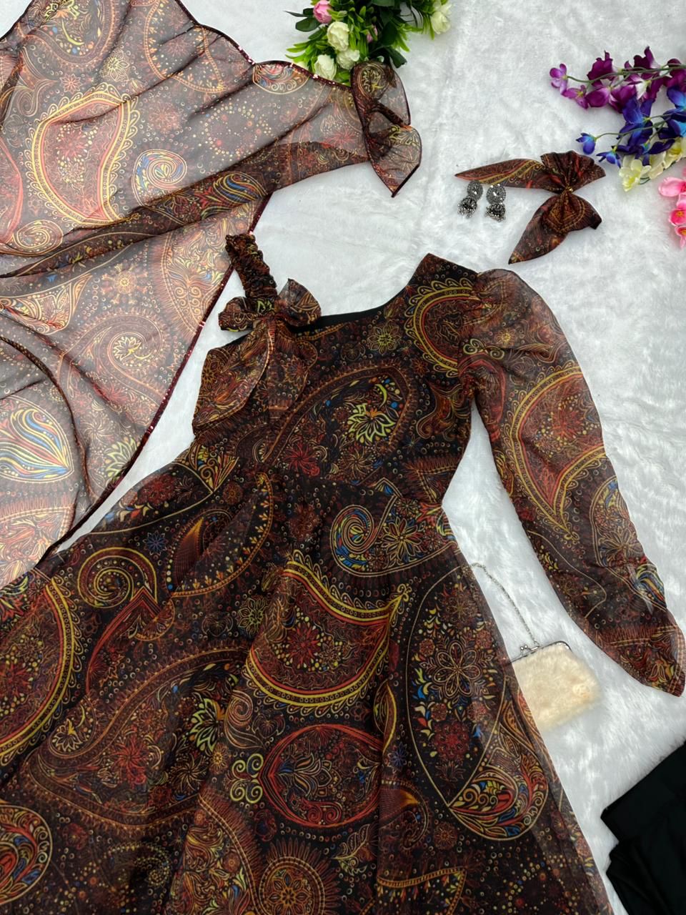 Wonderful Brown Color Organza Silk Anarkali Suit