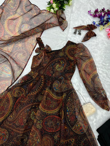 Wonderful Brown Color Organza Silk Anarkali Suit