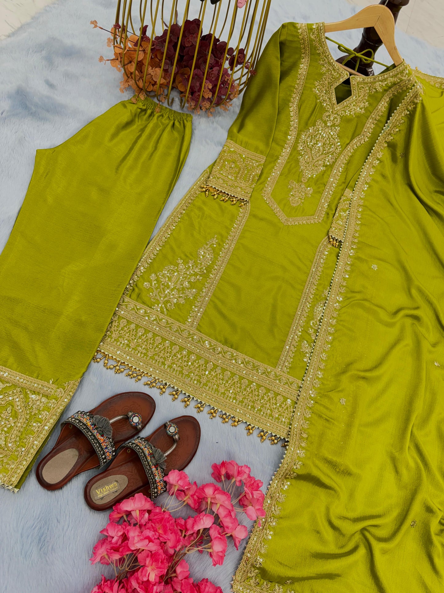 Innovative Parrot Green Color With Work Salwar Suit