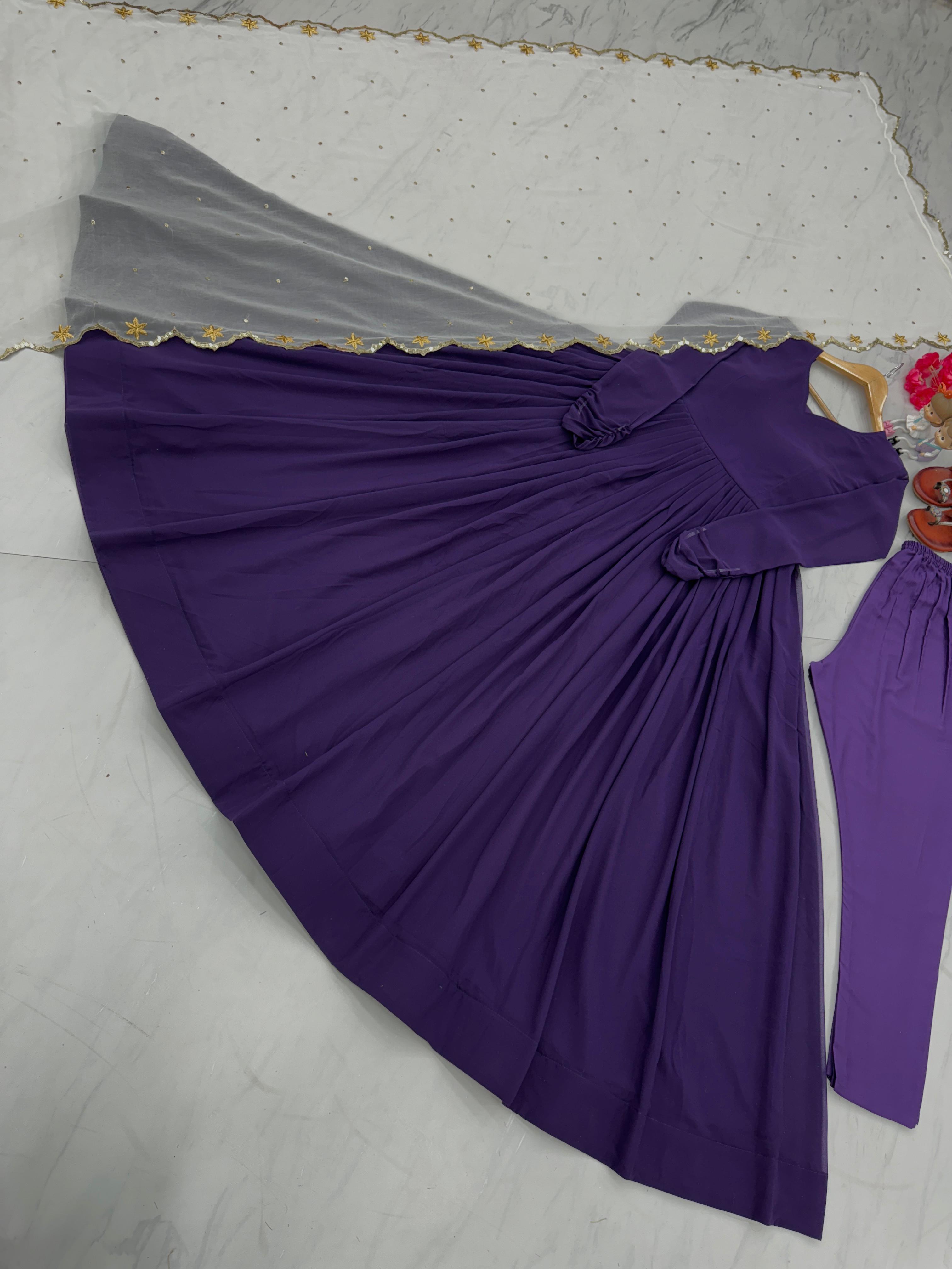Pretty Plain Purple Color Gown With White Dupatta