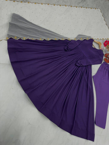 Pretty Plain Purple Color Gown With White Dupatta