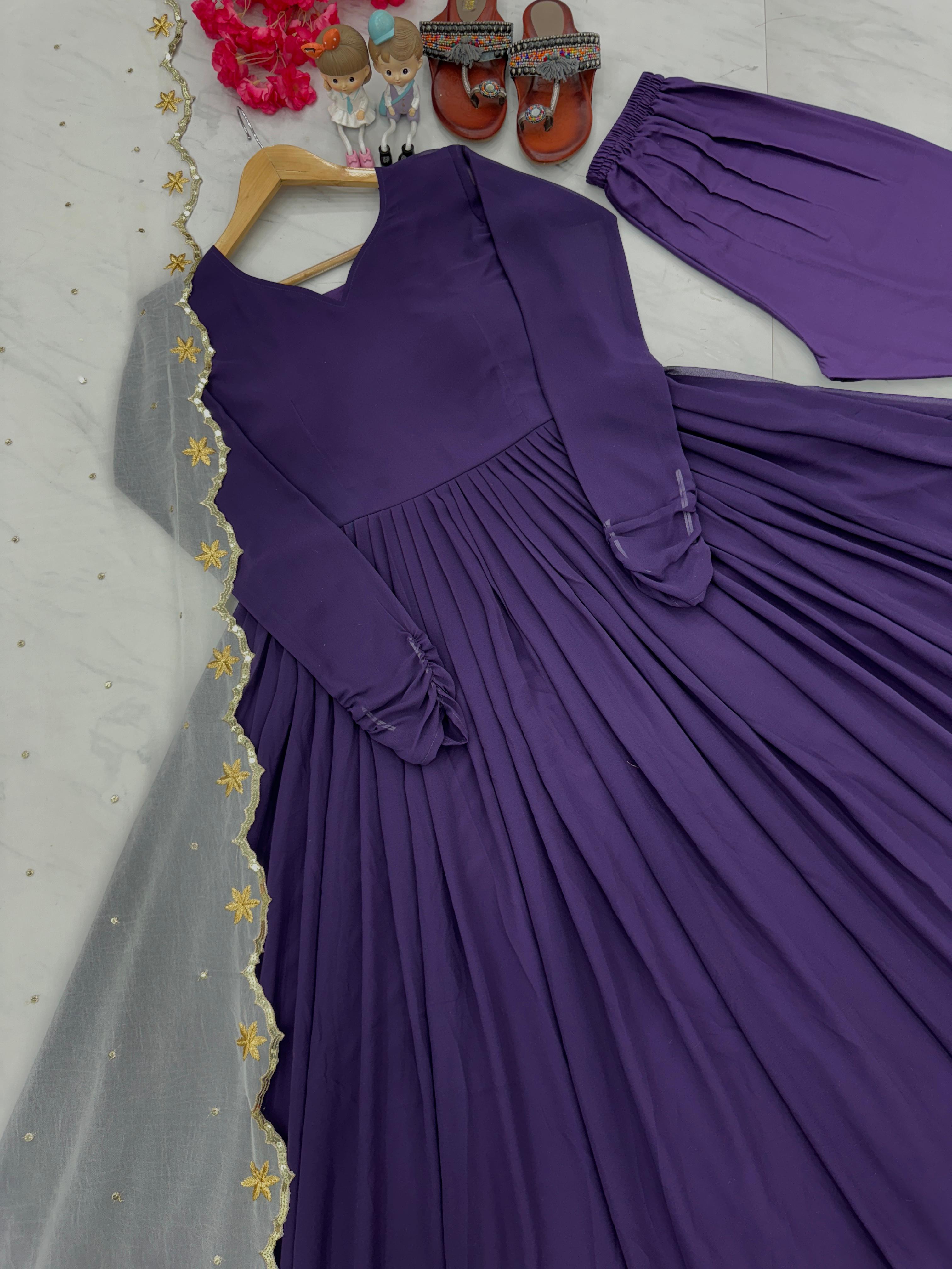 Pretty Plain Purple Color Gown With White Dupatta