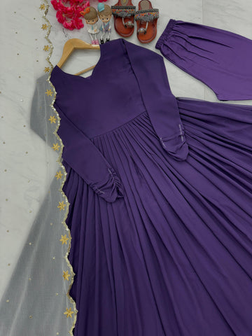 Pretty Plain Purple Color Gown With White Dupatta