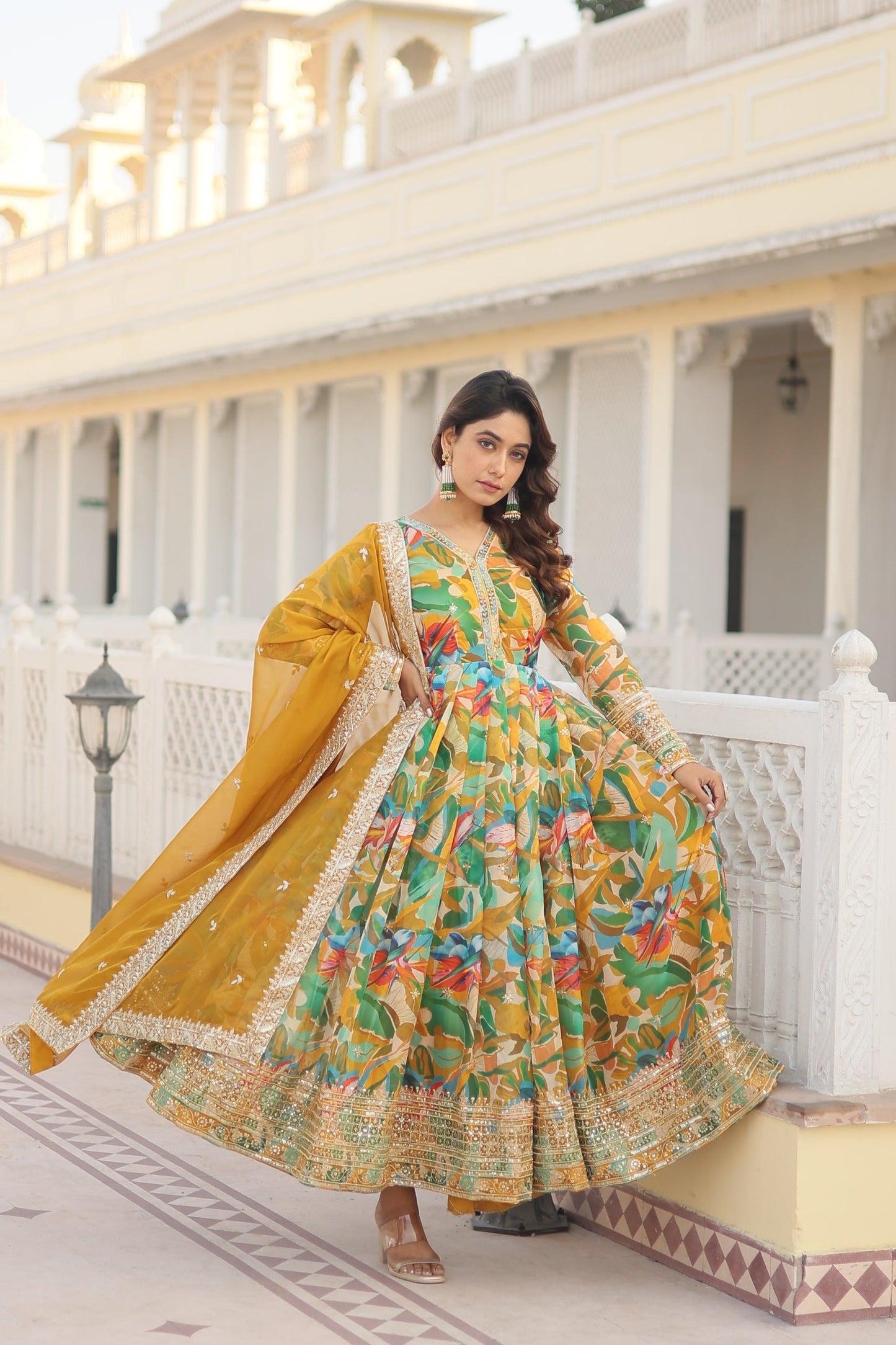 Fabulous Yellow Color Multi Digital Printed Anarkali Gown