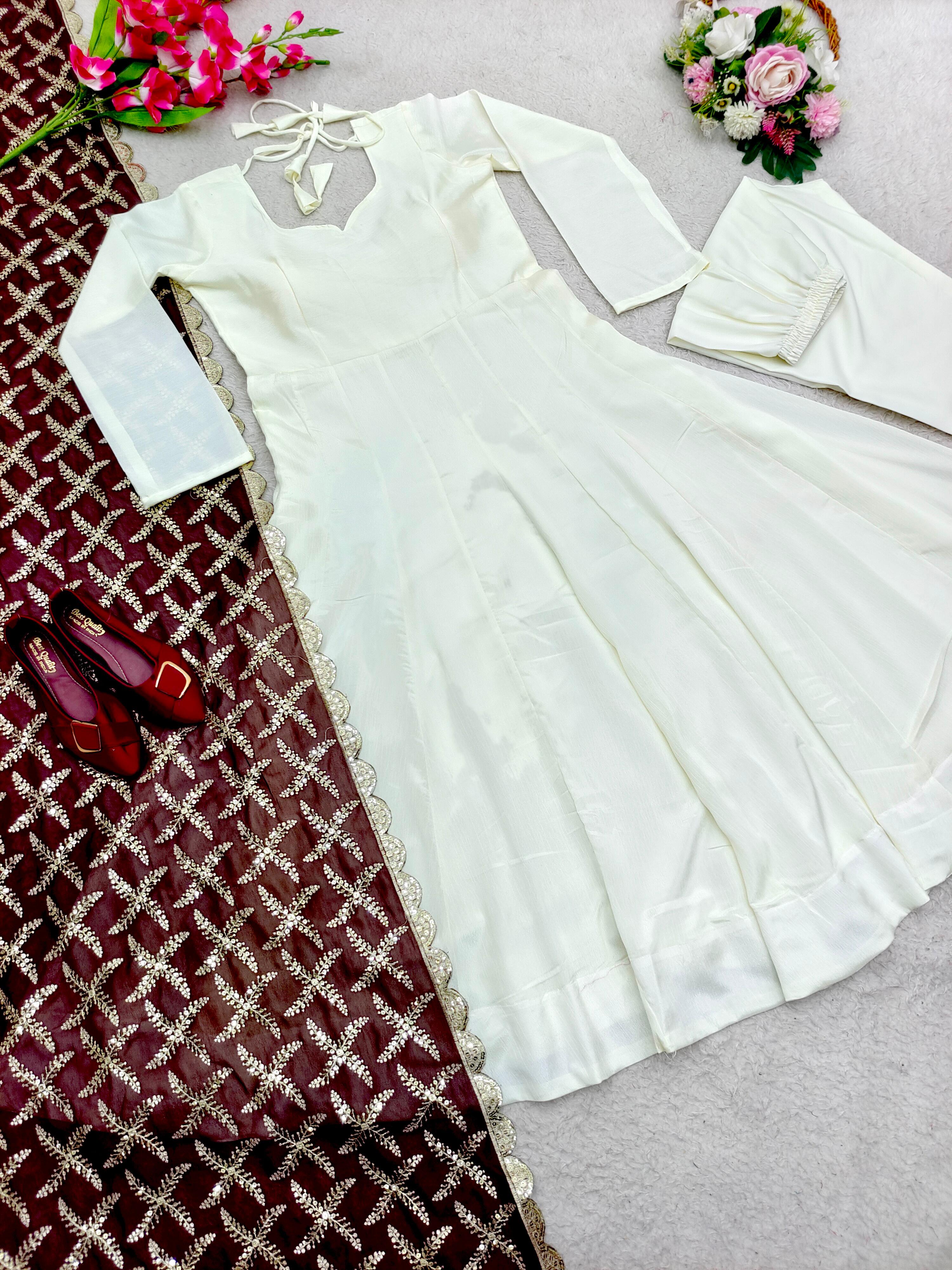 Plain White Color Gown With Heavy Embroidery Work Dupatta