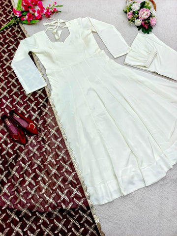 Plain White Color Gown With Heavy Embroidery Work Dupatta