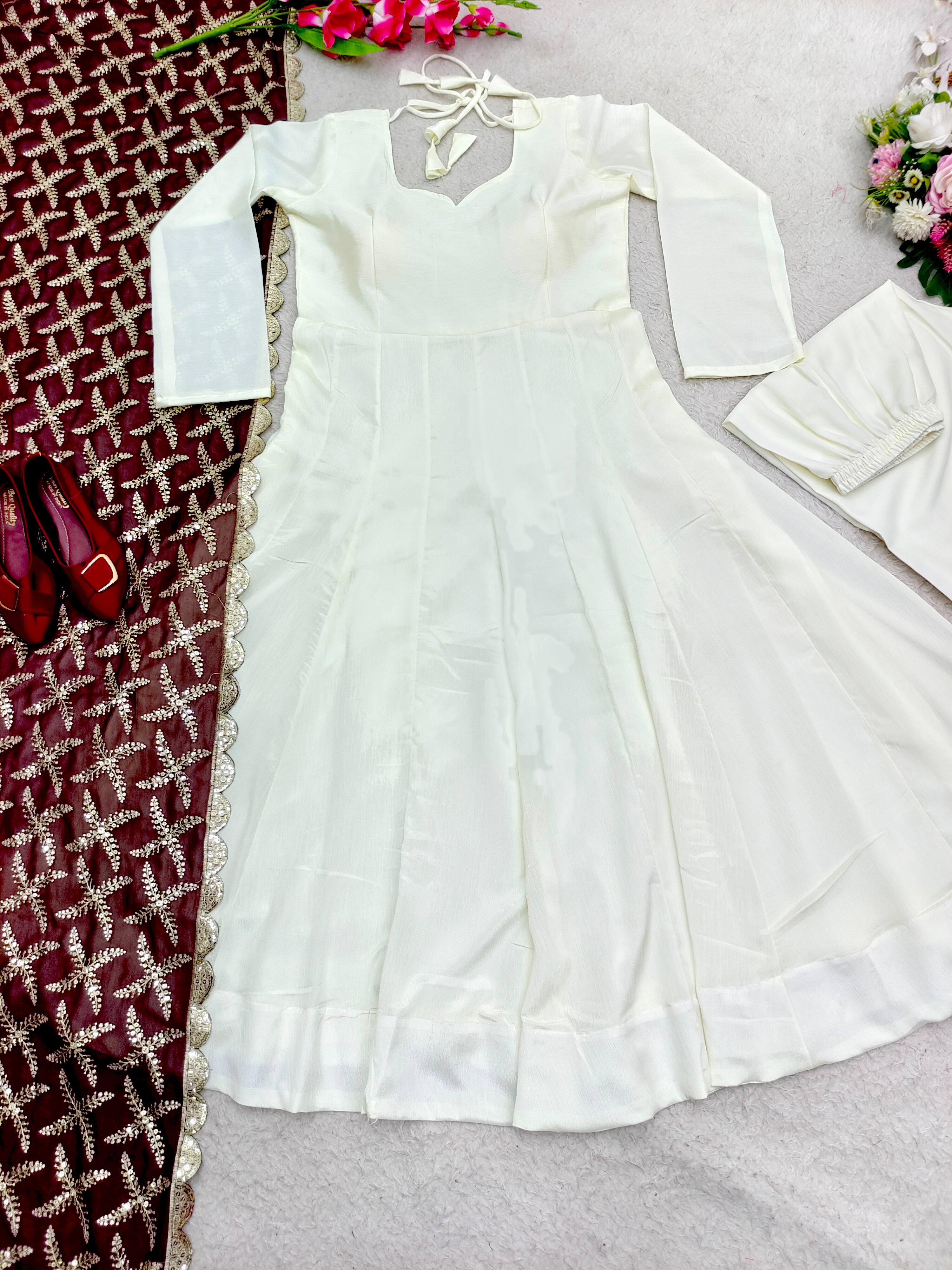 Plain White Color Gown With Heavy Embroidery Work Dupatta