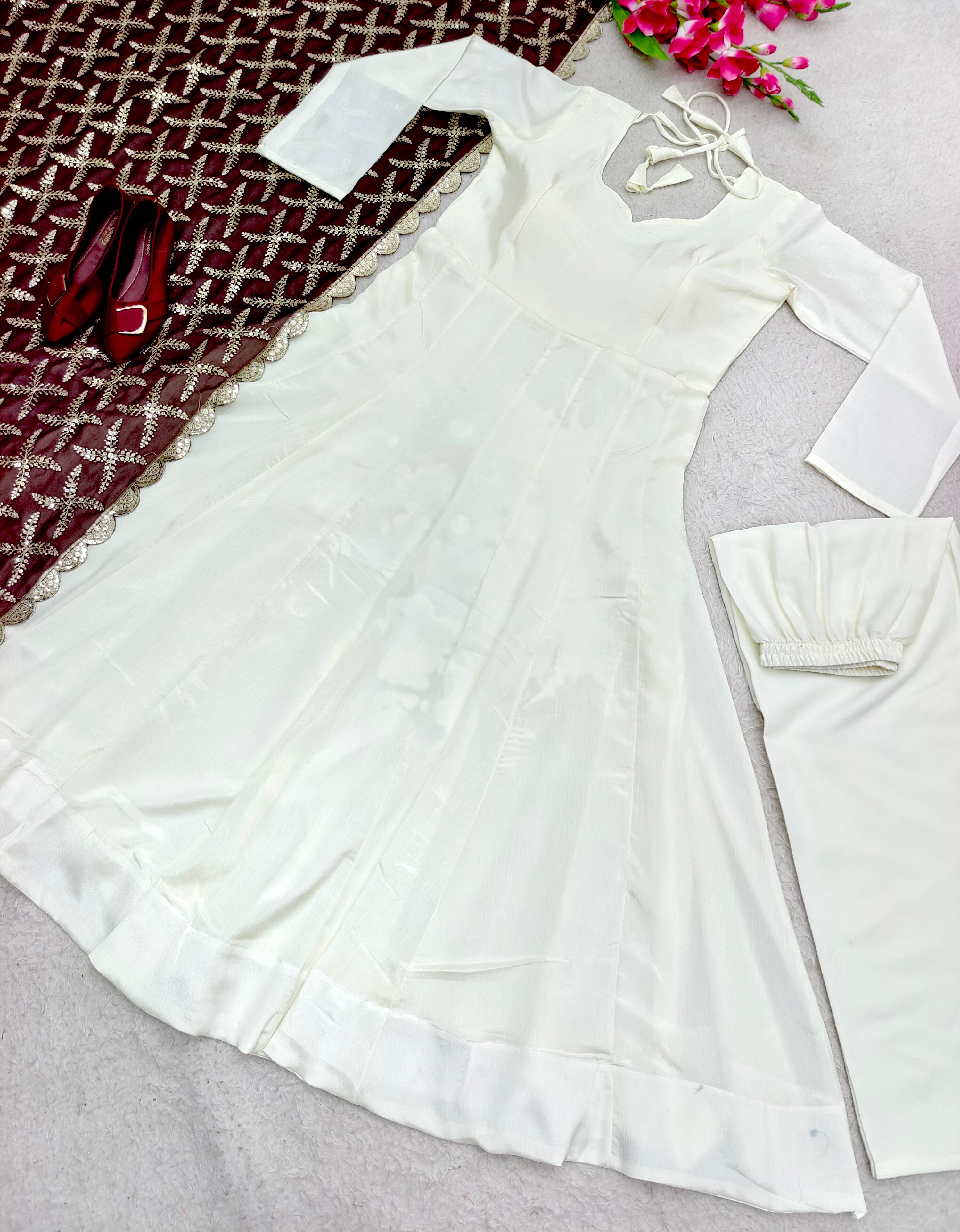 Plain White Color Gown With Heavy Embroidery Work Dupatta