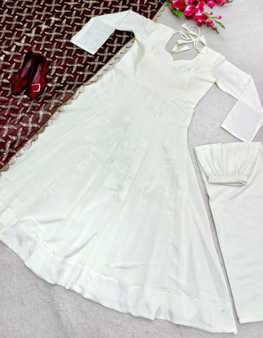 Plain White Color Gown With Heavy Embroidery Work Dupatta