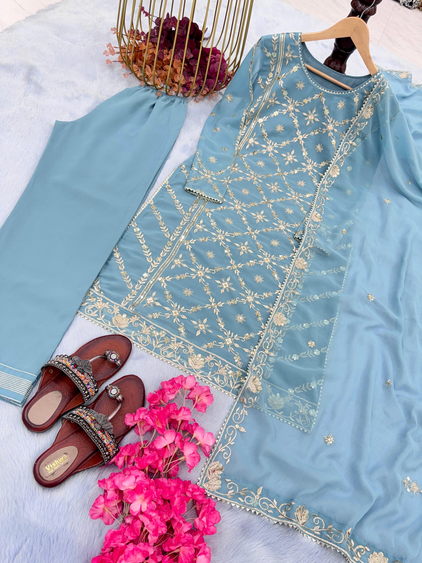 Trendy Sky Blue Color Embroidery Work Salwar Suit