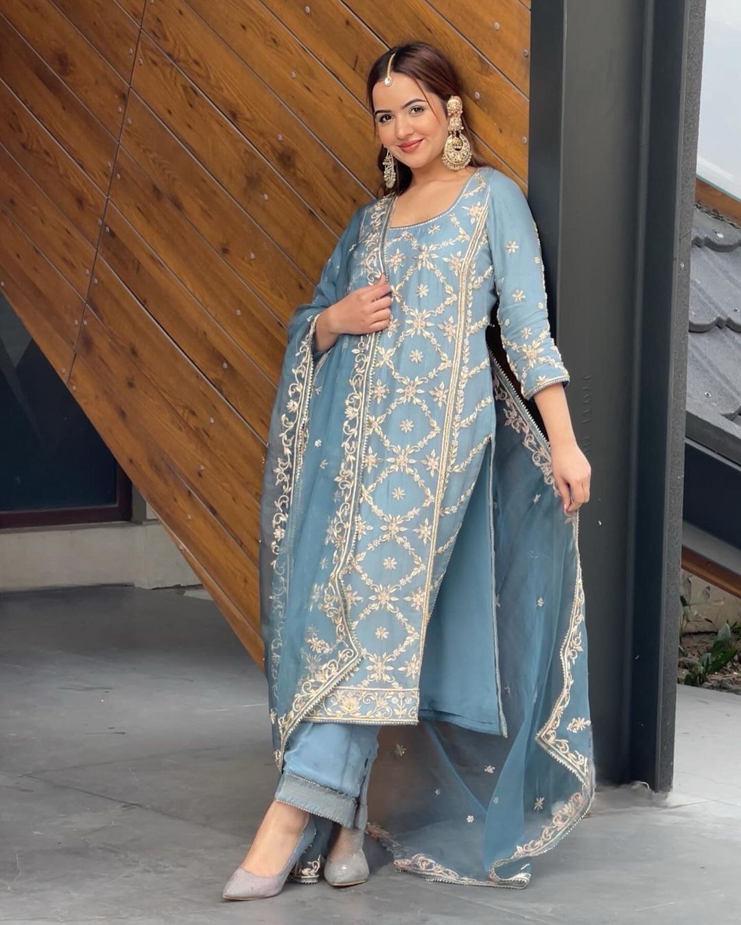Trendy Sky Blue Color Embroidery Work Salwar Suit
