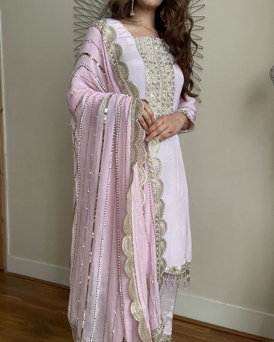 Opulent Embroidery Sequence Work Light Pink Salwar Suit