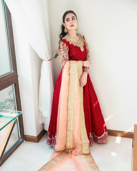 Glorious Maroon Sequence Embroidery Work Gown