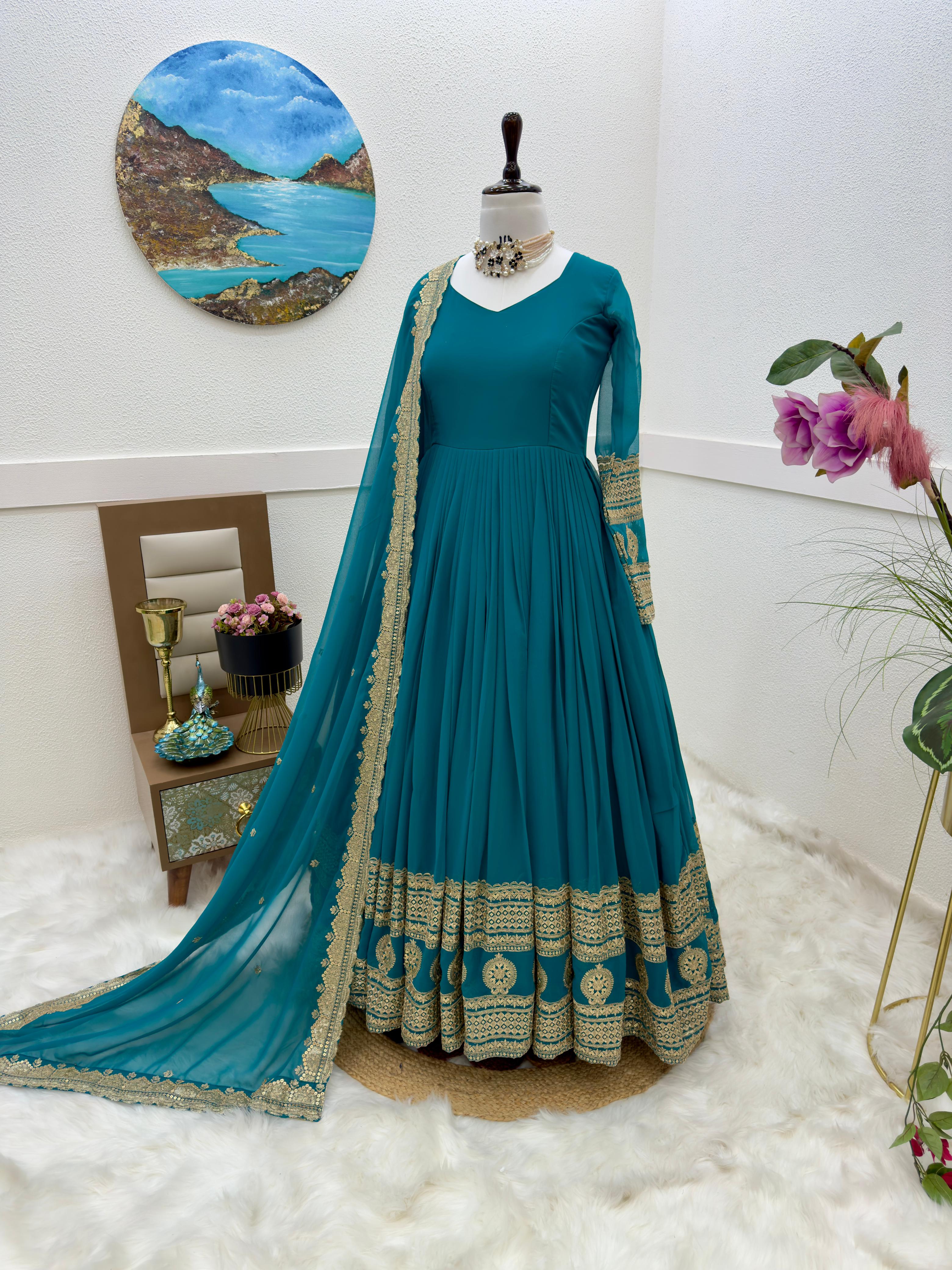 Teal Blue Function Wear Embroidery Work Long Gown