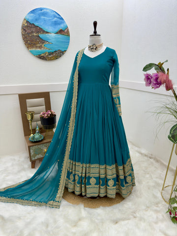 Teal Blue Function Wear Embroidery Work Long Gown