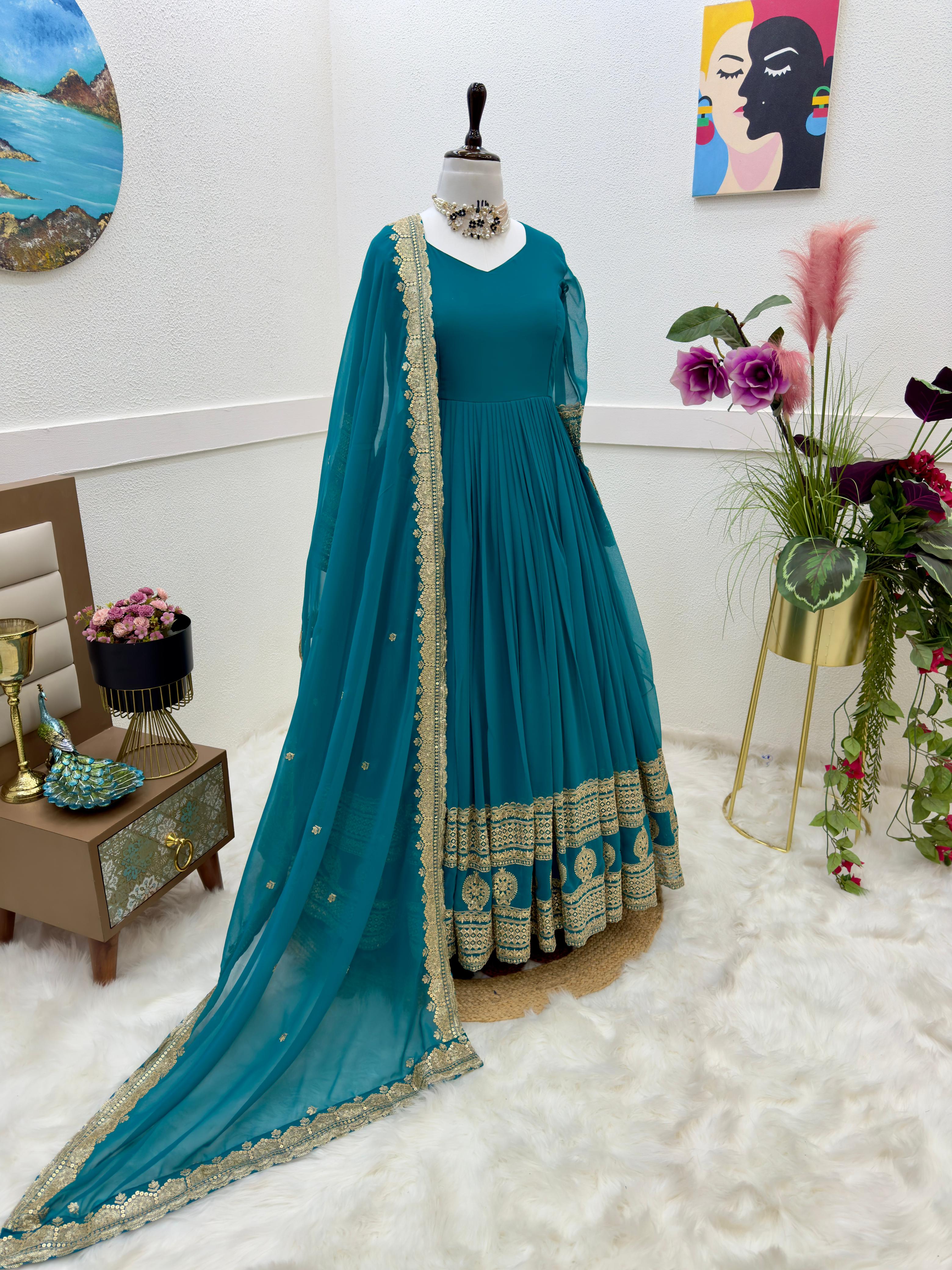 Teal Blue Function Wear Embroidery Work Long Gown