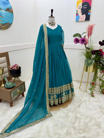 Teal Blue Function Wear Embroidery Work Long Gown
