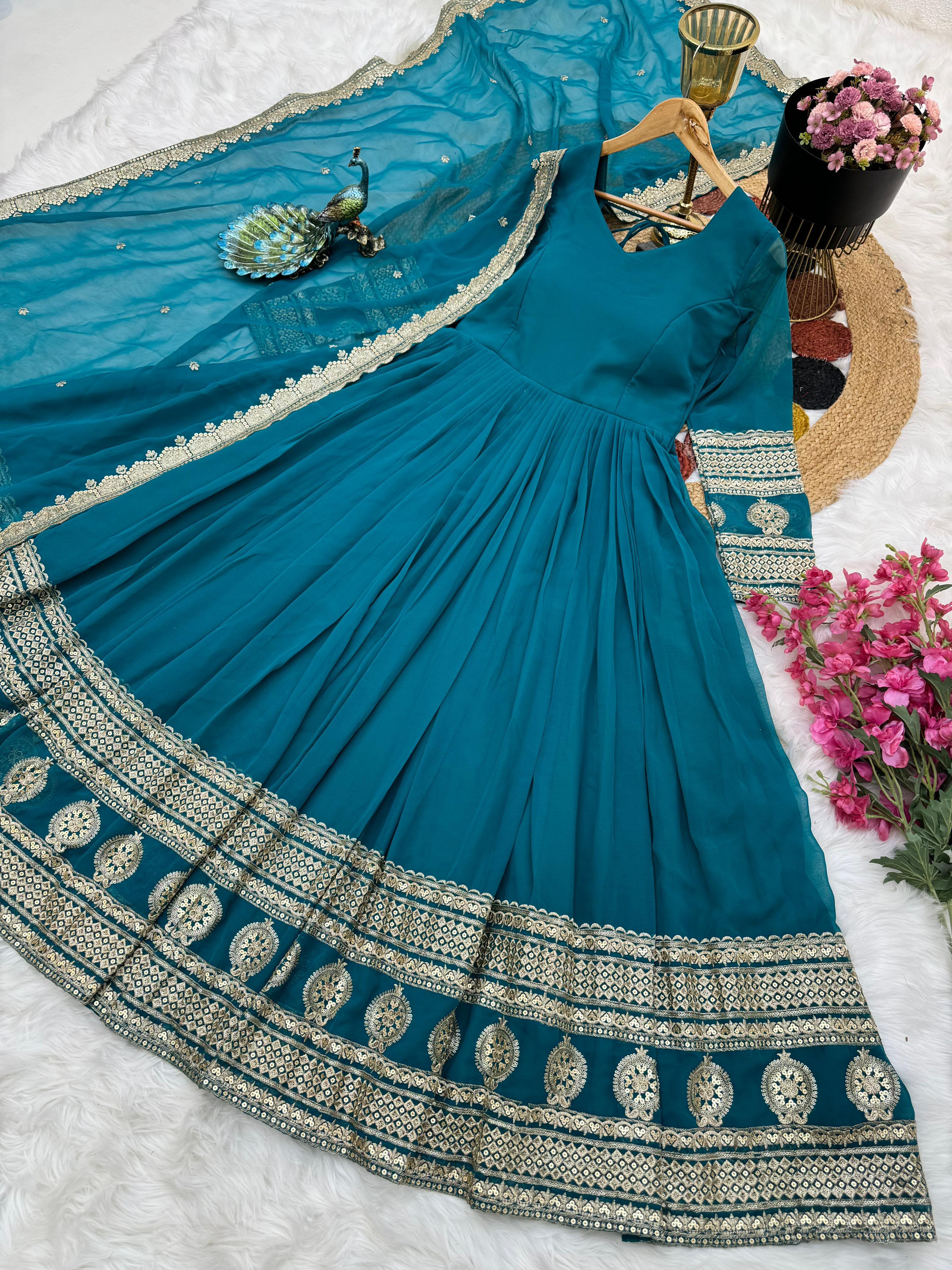 Teal Blue Function Wear Embroidery Work Long Gown
