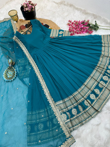 Teal Blue Function Wear Embroidery Work Long Gown