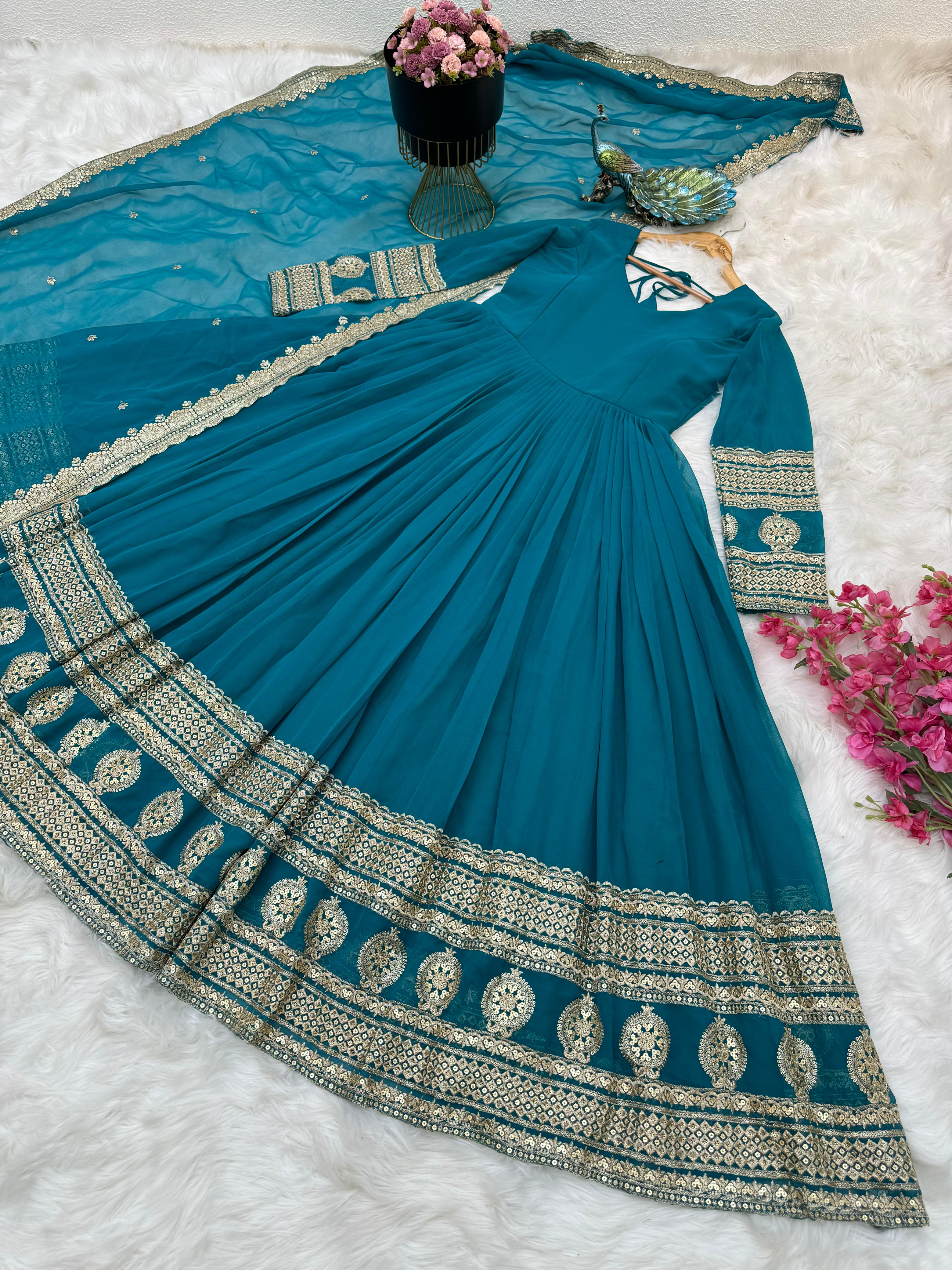 Teal Blue Function Wear Embroidery Work Long Gown