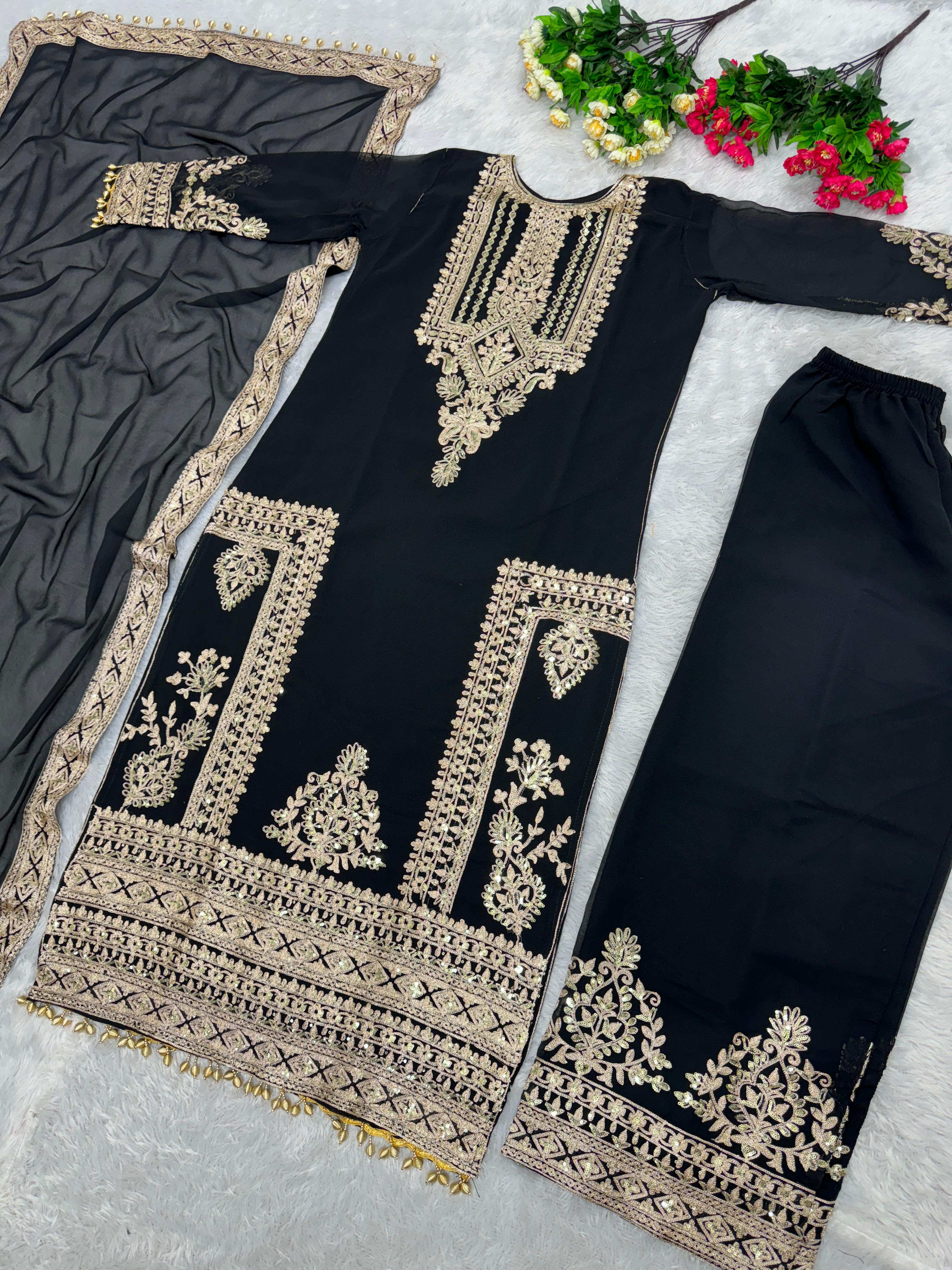 Exotic Black Color Chine Sequence Work Pakistani Suit